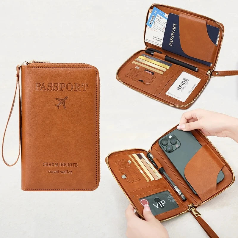 RFID Blocking Passport Holder Travel Wallet with Zipper & Wrist Strap