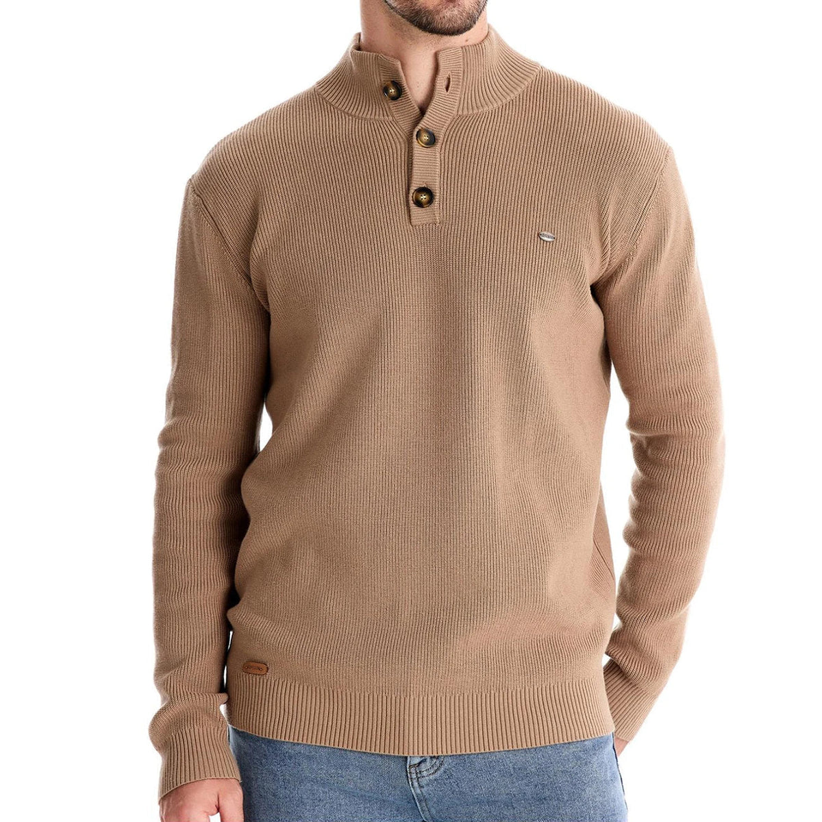 Men's button-front ribbed sweater shown from the front