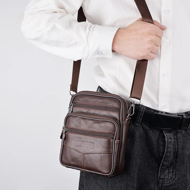 Men’s Leather Crossbody Messenger Bag – Multi-Pocket Shoulder Bag