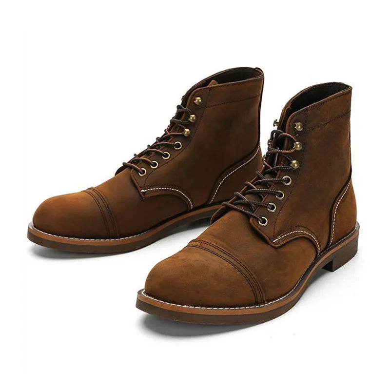 Bastien Men Vintage Leather Motorcycle Boots Cap Toe Retro High Top Work Shoes