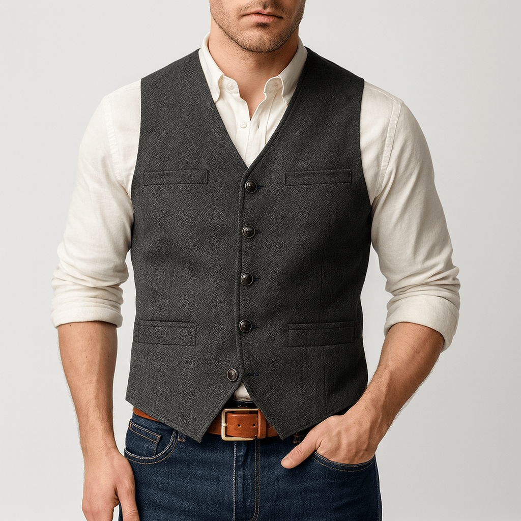 Front view of a men's tweed-style vest with button closure
