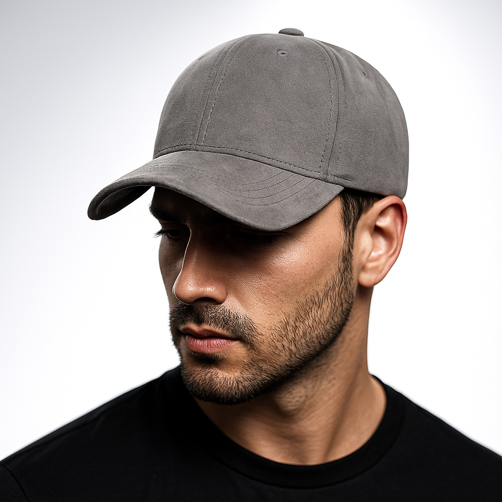 Men's suede baseball cap shown from the front