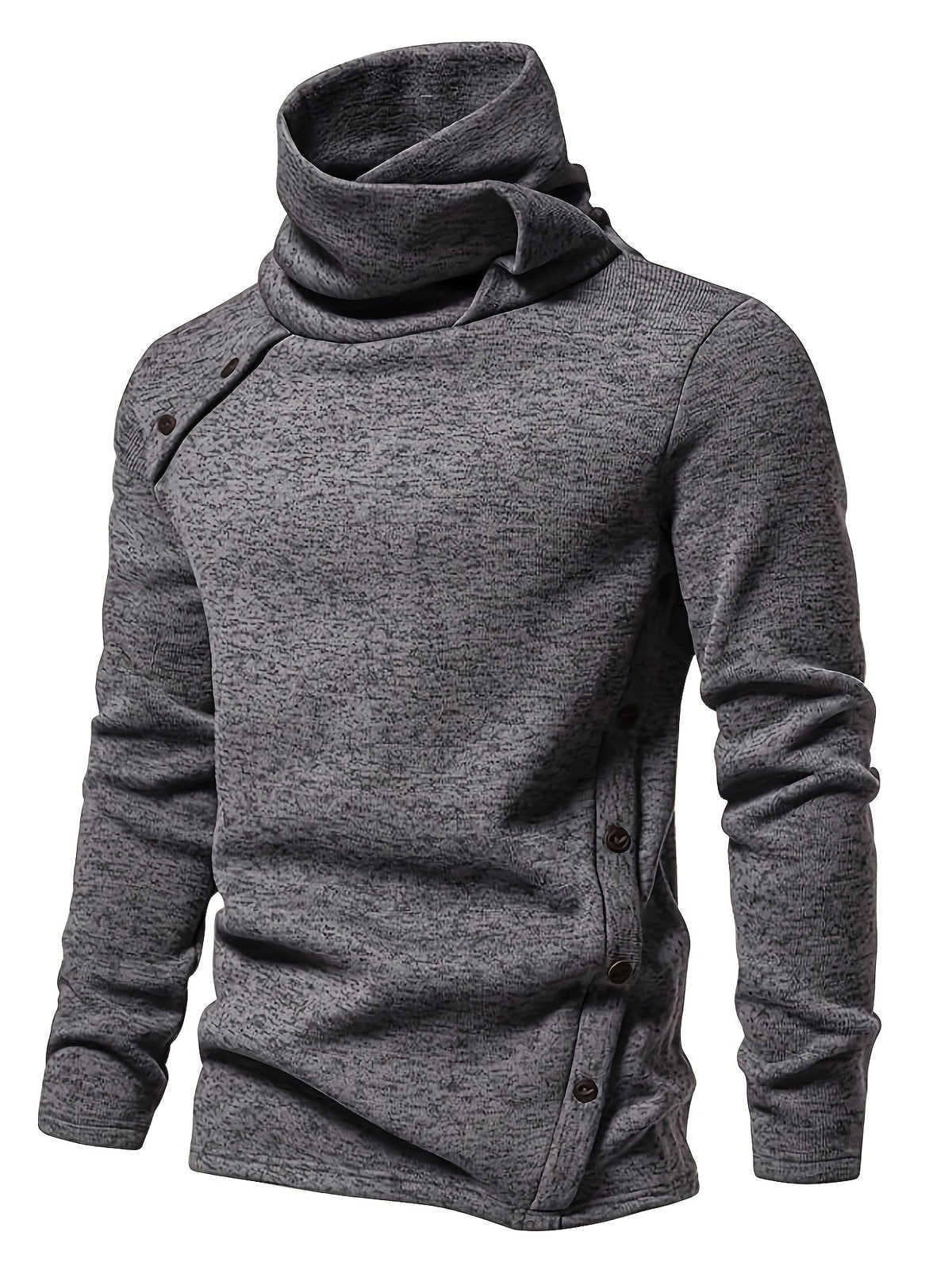 Men's sweater showing its relaxed fit and long sleeves