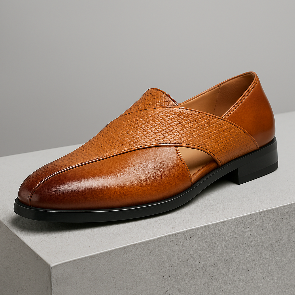 Pair of genuine leather loafers with cross-strap detail