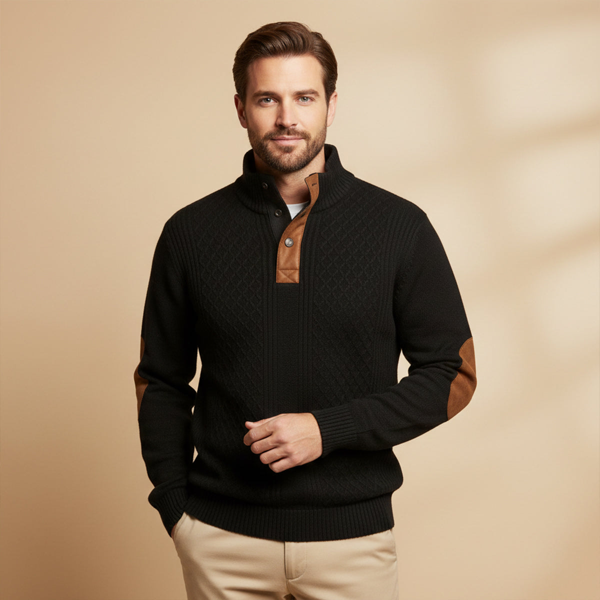 Classic cable-knit cardigan shown in a clean product view