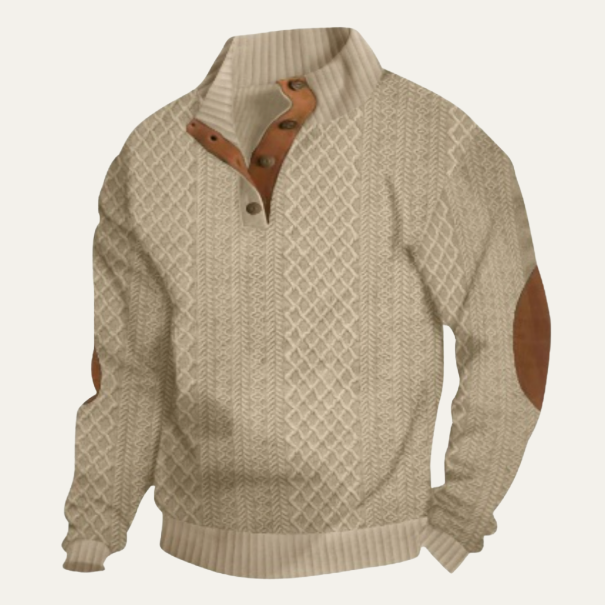 Detailed view of the cardigan neckline and front buttons