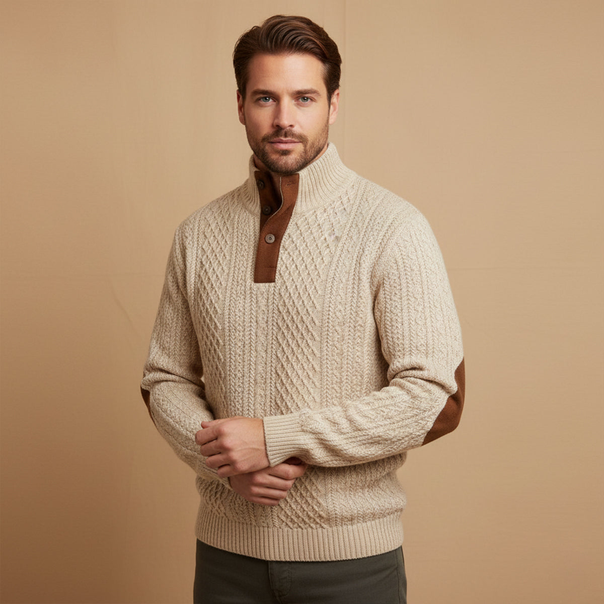Cable-knit cardigan highlighting its textured knit construction