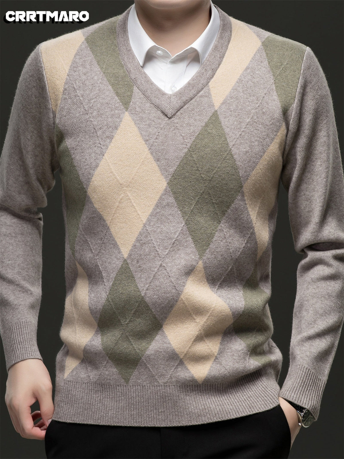 Side view of the men's regular-fit argyle sweater