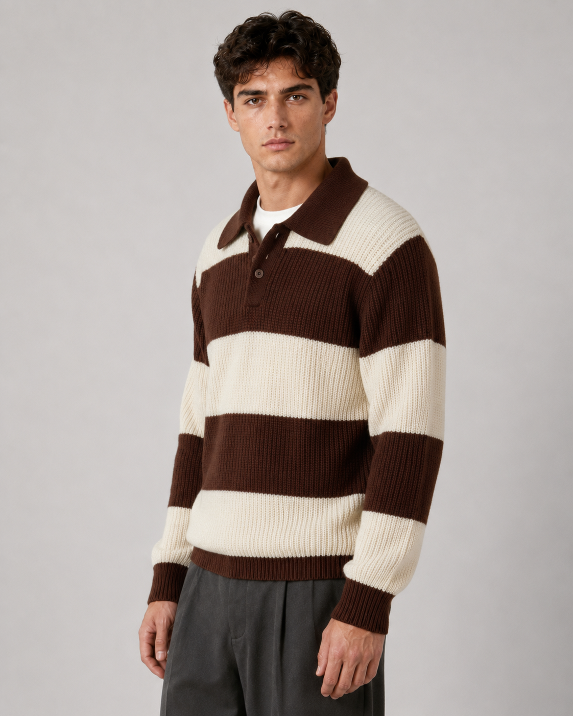 Men's Ribbed Knitted Striped Polo Sweater Chocolate Brown