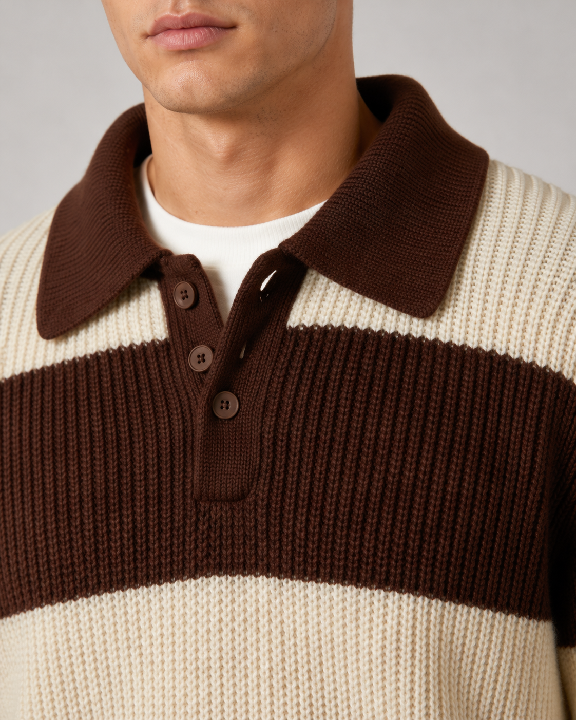 Men's Ribbed Knitted Striped Polo Sweater Chocolate Brown