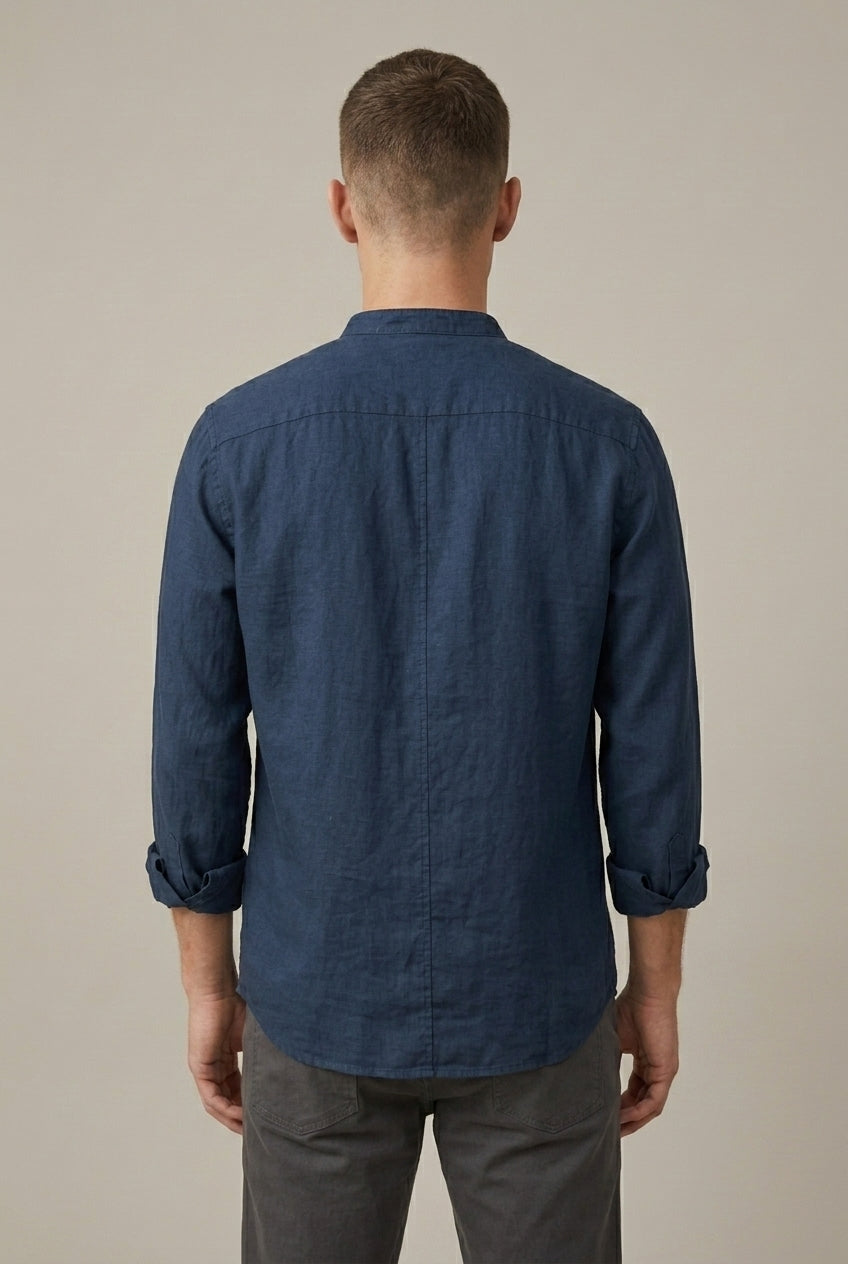 Men's linen blend band collar shirt styled for casual everyday wear