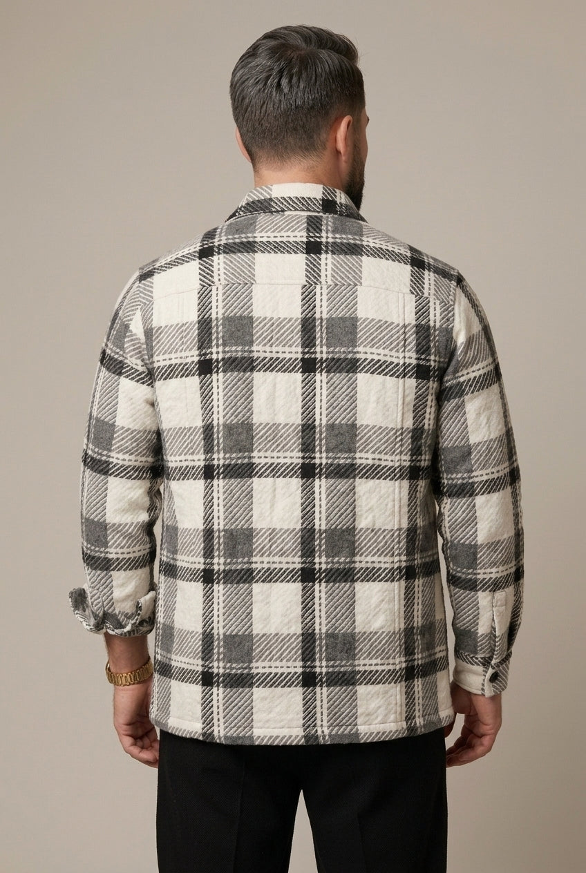 Close-up view of the checked pattern on a men's overshirt