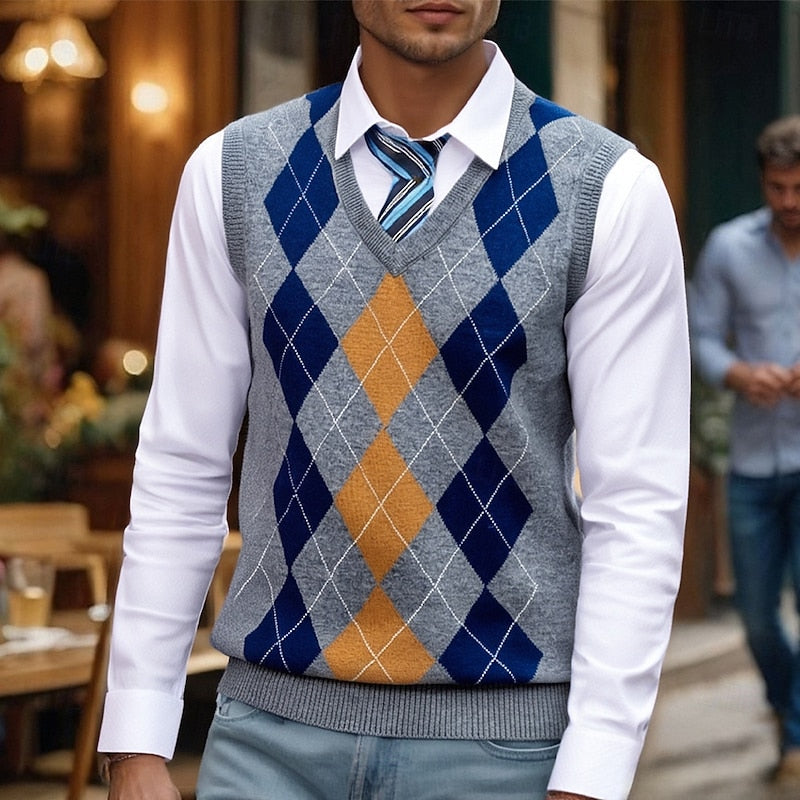 Men's argyle knit sweater vest styled as a polished layering piece