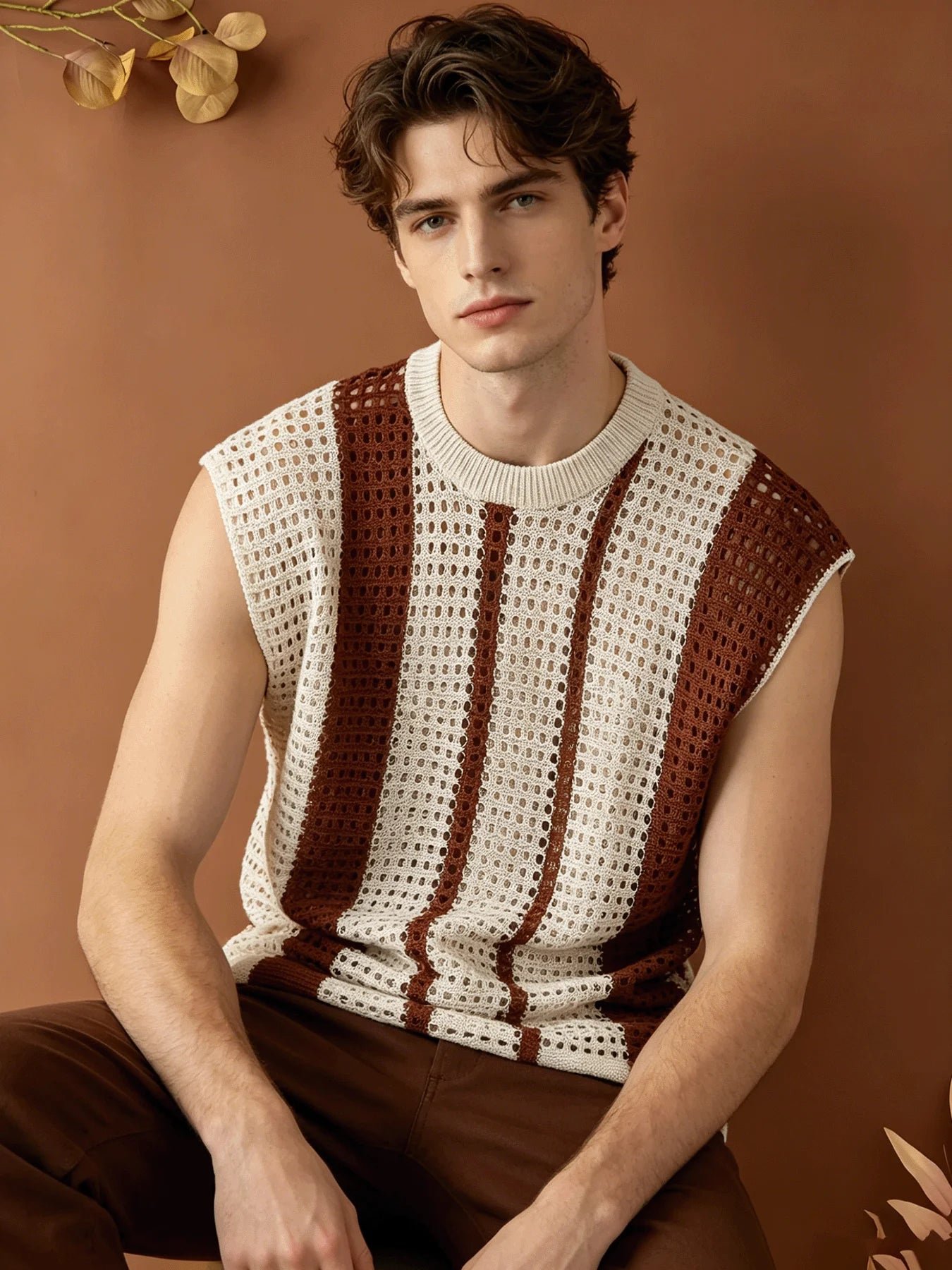 Men Hollow Out Striped Knit Vest Loose Fit