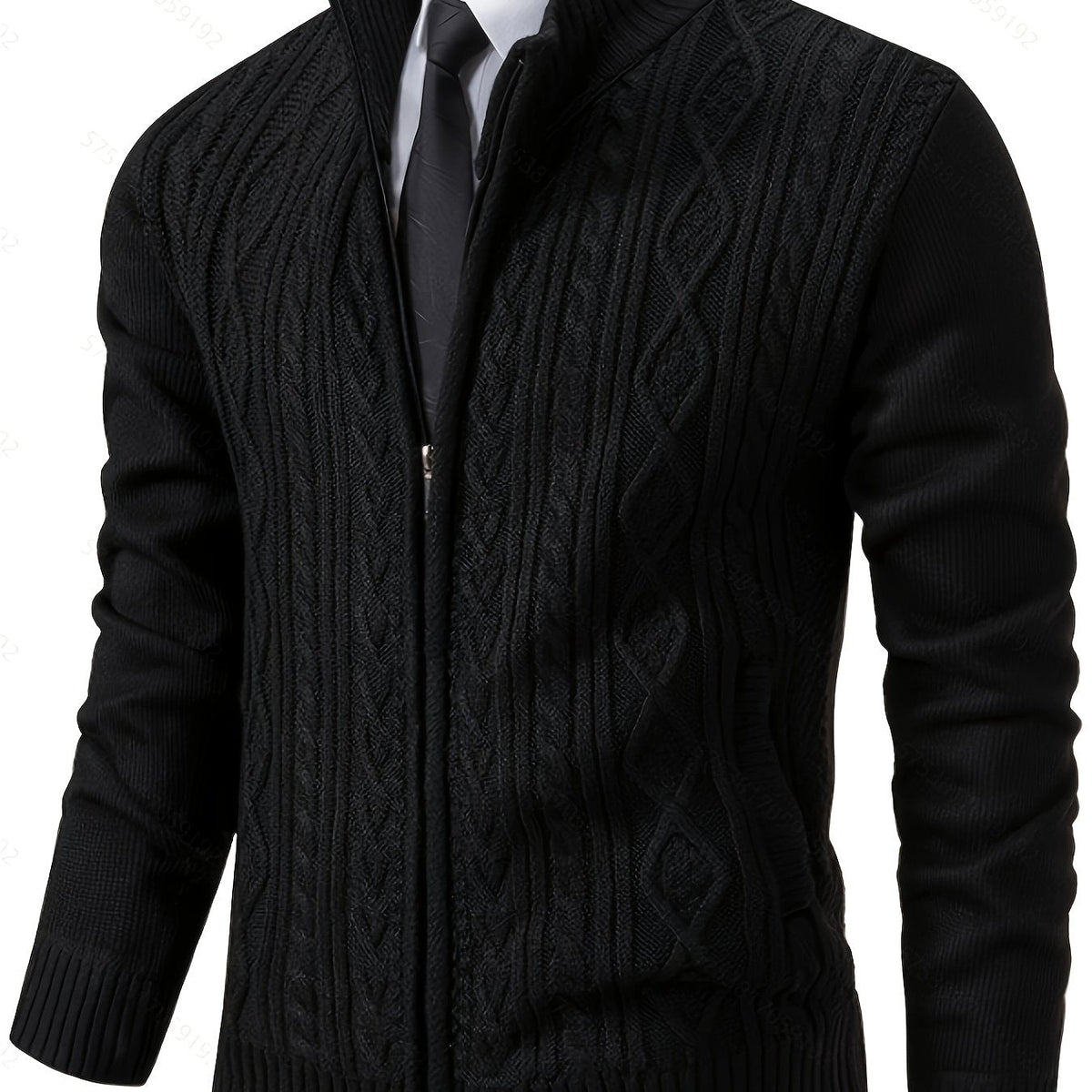 Men's textured knit cardigan with a full zip front and stand collar