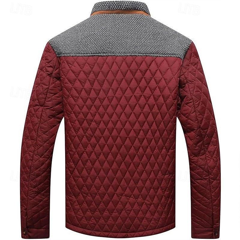 Men's quilted jacket shown with its stand collar raised