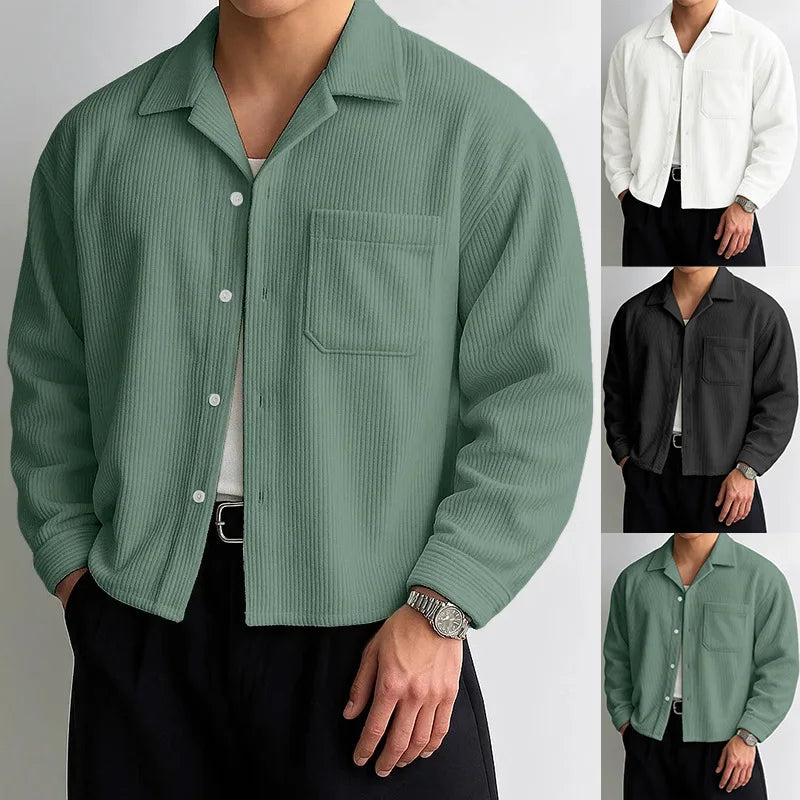 Men's Corduroy Cropped Long Sleeve Shirt Casual Loose Fit