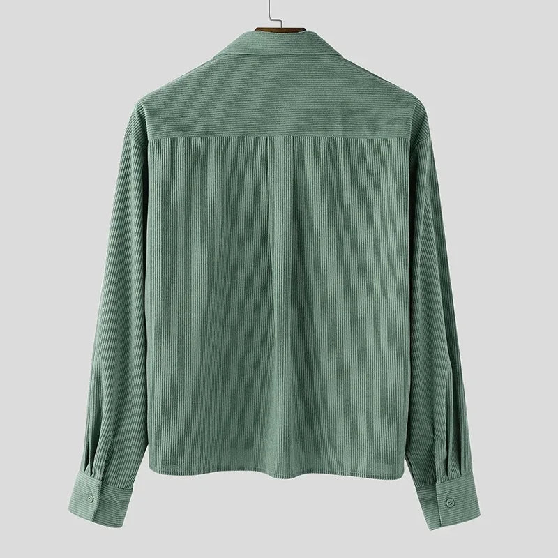 Men's Corduroy Cropped Long Sleeve Shirt Casual Loose Fit