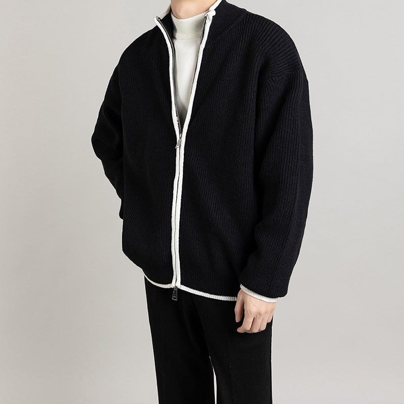Side view of a relaxed fit men's long sleeve cardigan