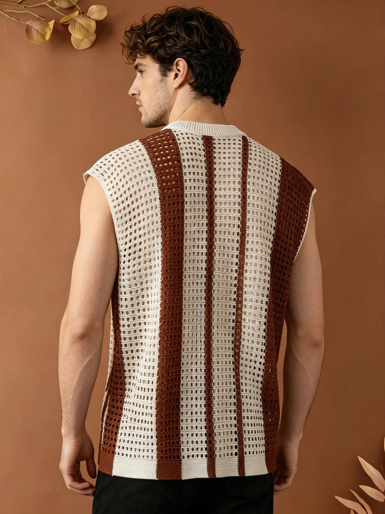 Men Hollow Out Striped Knit Vest Loose Fit