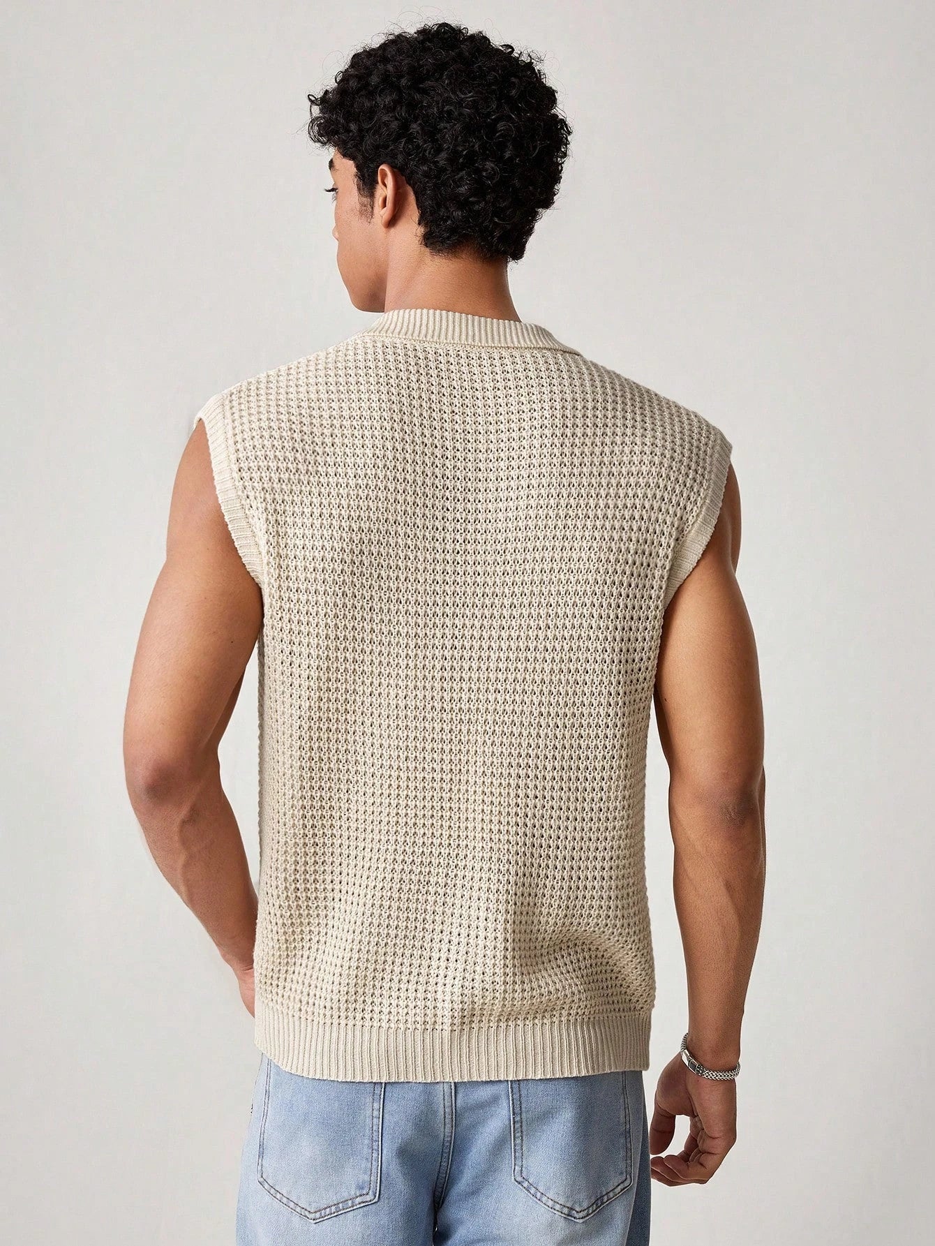 Men's Sleeveless Knit Polo Shirt Pointelle Hollow Out Black