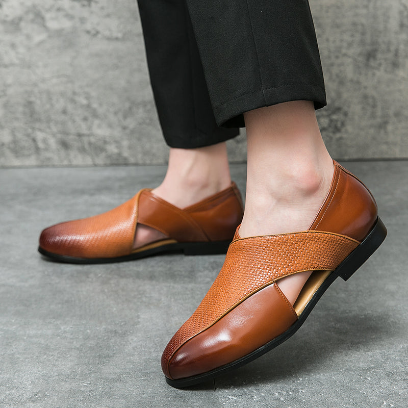 Close-up of the cross-strap detail on genuine leather loafers