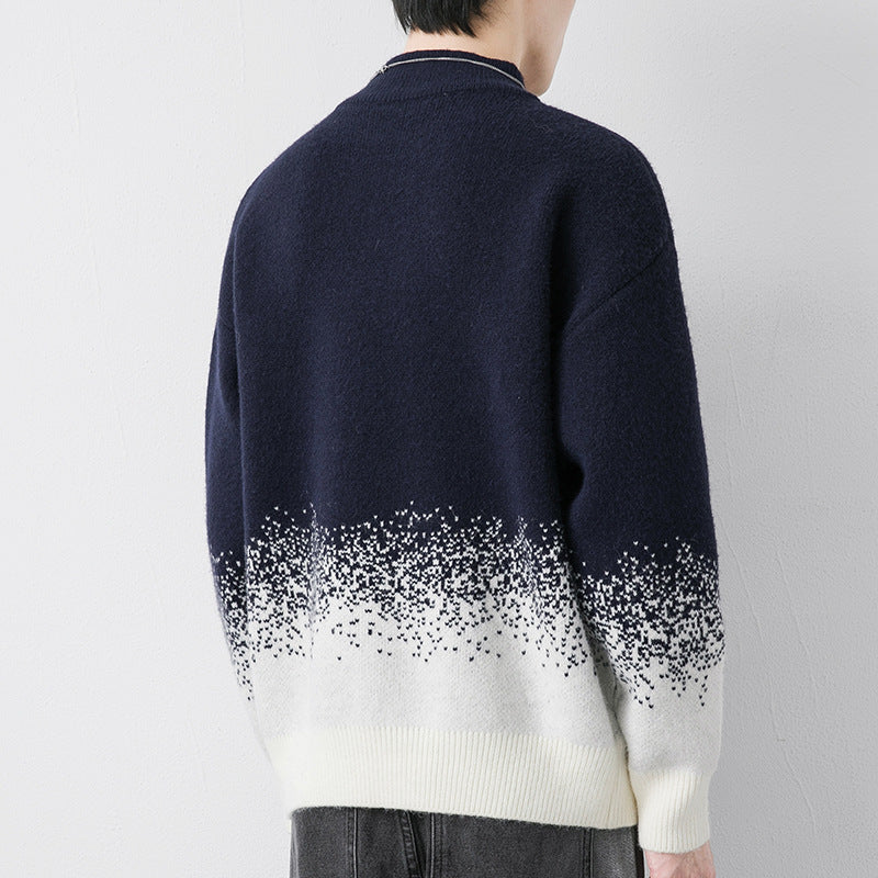 Men's long-sleeve gradient knit sweater styled as a cozy winter layer