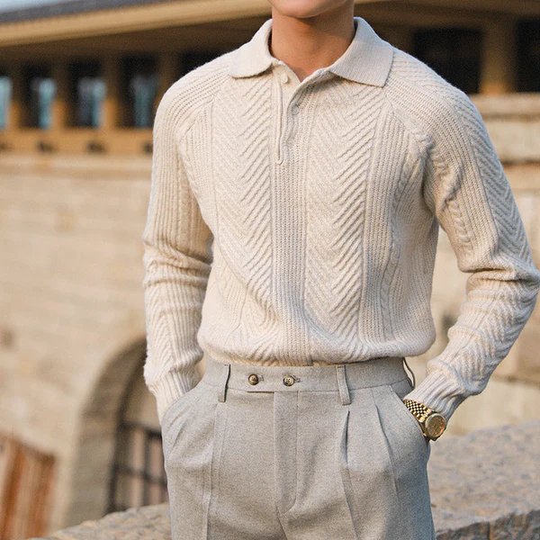 Men's textured knit sweater with a button collar shown from the front