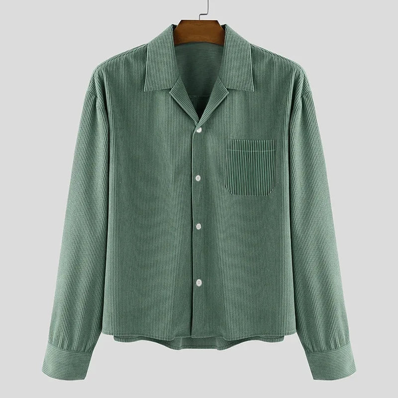 Men's Corduroy Cropped Long Sleeve Shirt Casual Loose Fit