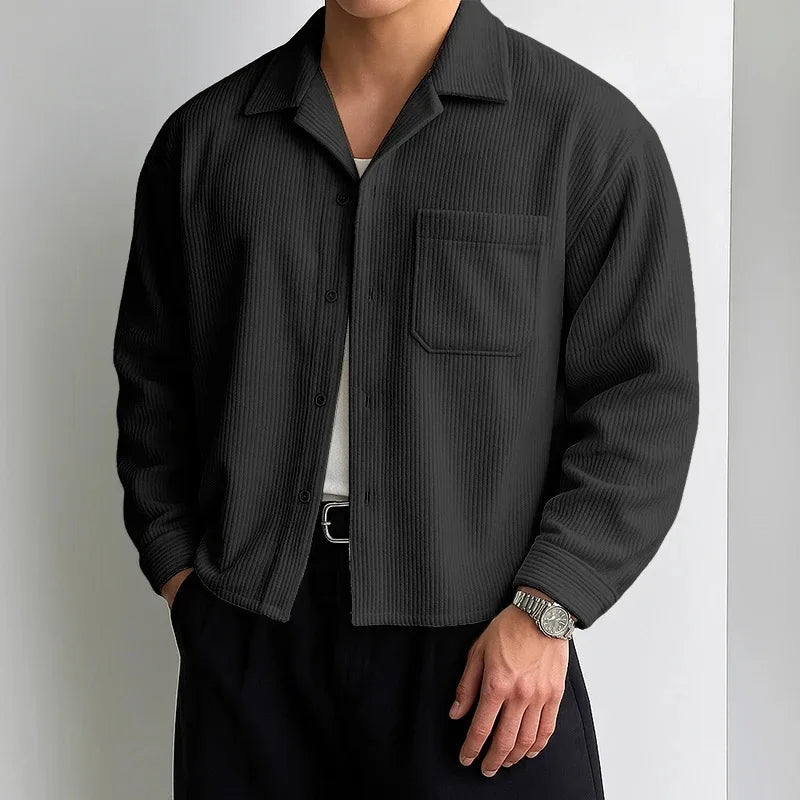 Men's Corduroy Cropped Long Sleeve Shirt Casual Loose Fit