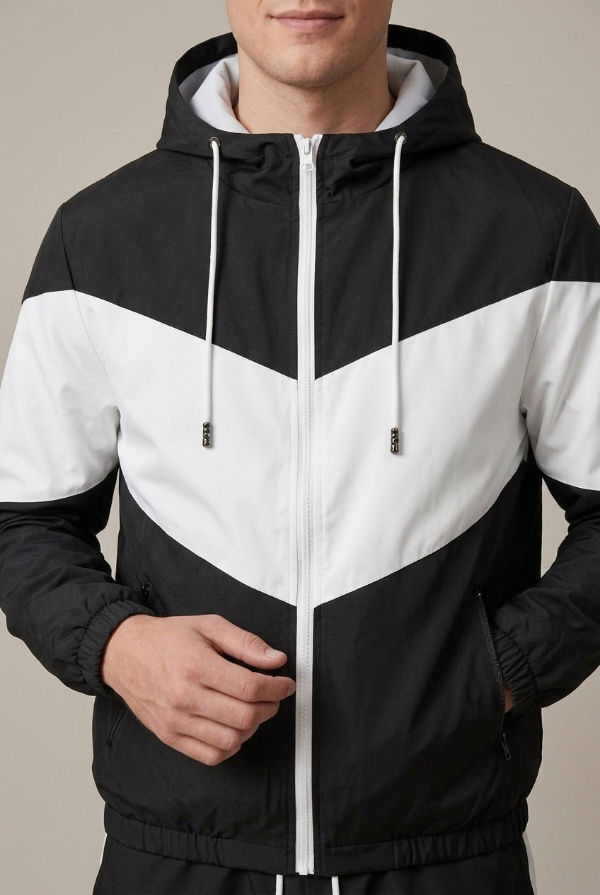 Front view of a men's hooded track jacket with matching jogger pants