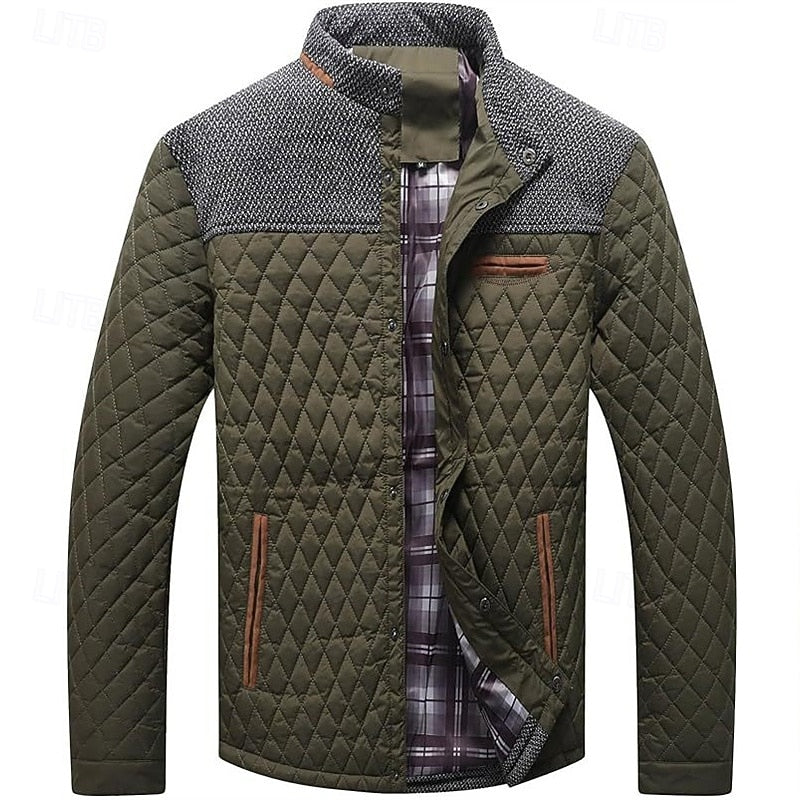 Full view of a men's quilted stand collar jacket for everyday wear