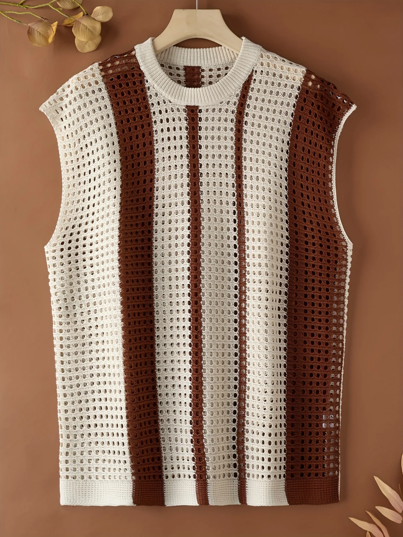Men Hollow Out Striped Knit Vest Loose Fit