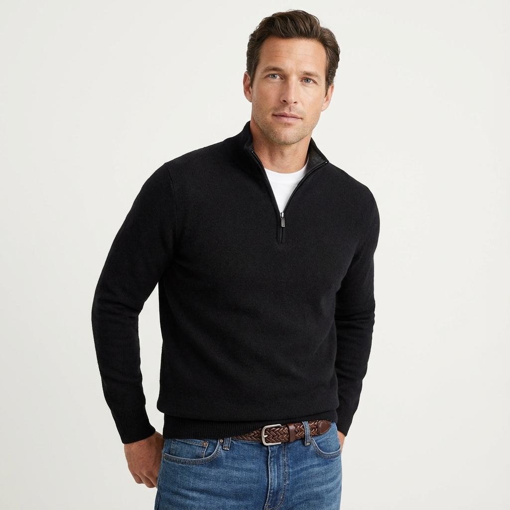 Close-up of the quarter-zip closure and stand collar on a men's sweater