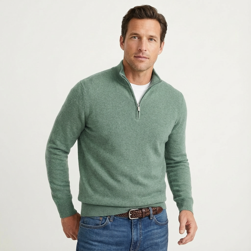 Men's quarter-zip sweater styled for a polished casual outfit