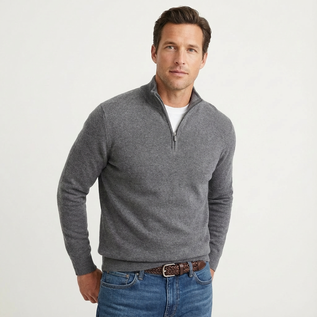 Side view of a men's quarter-zip stand collar sweater