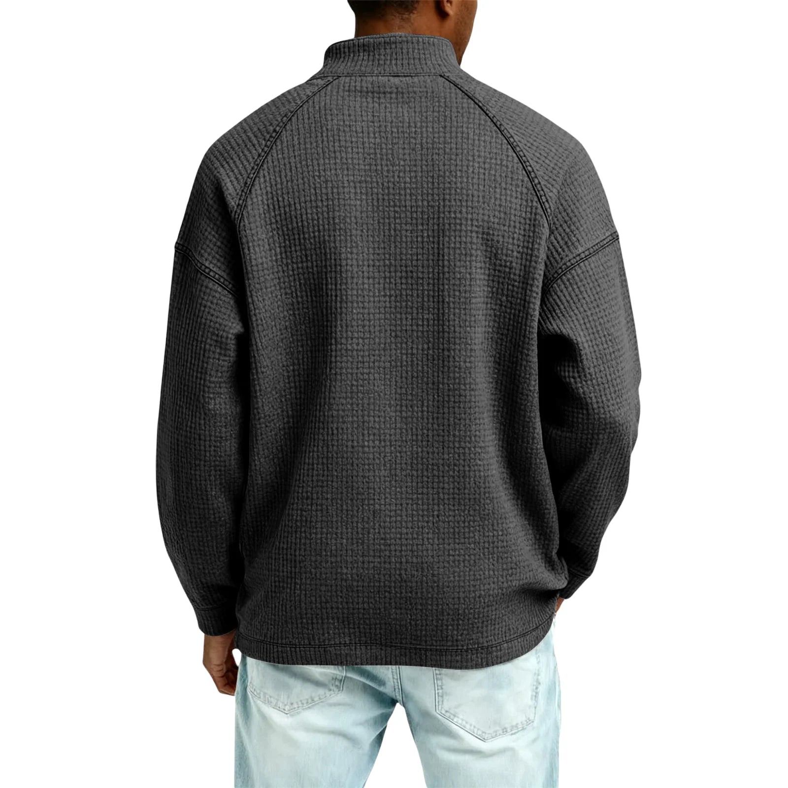 Men Waffle Knit Quarter Zip Pullover Loose Fit Casual Top