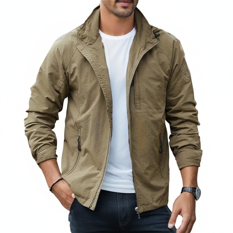 Men's hooded outdoor jacket with front zip pockets