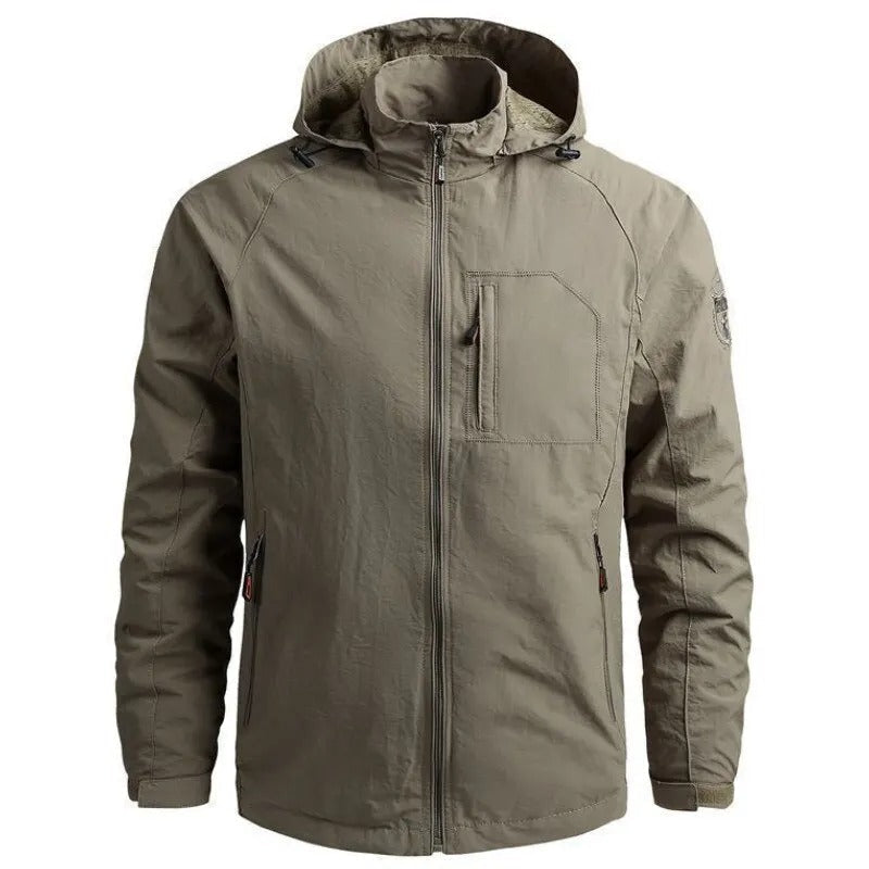 Men's outdoor jacket showing attached hood and zip pockets