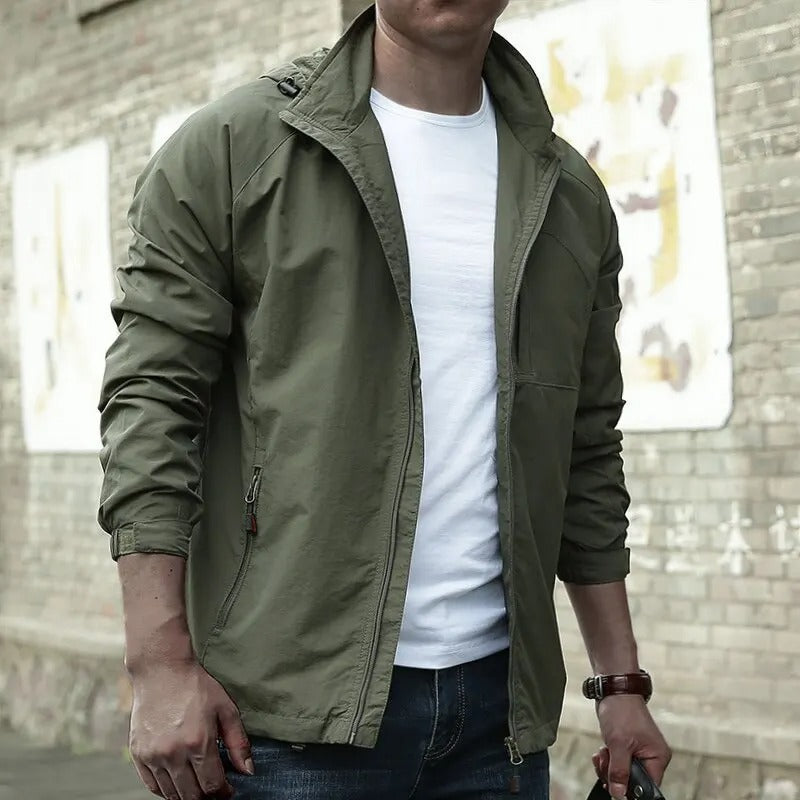 Side view of a men's hooded jacket for outdoor wear