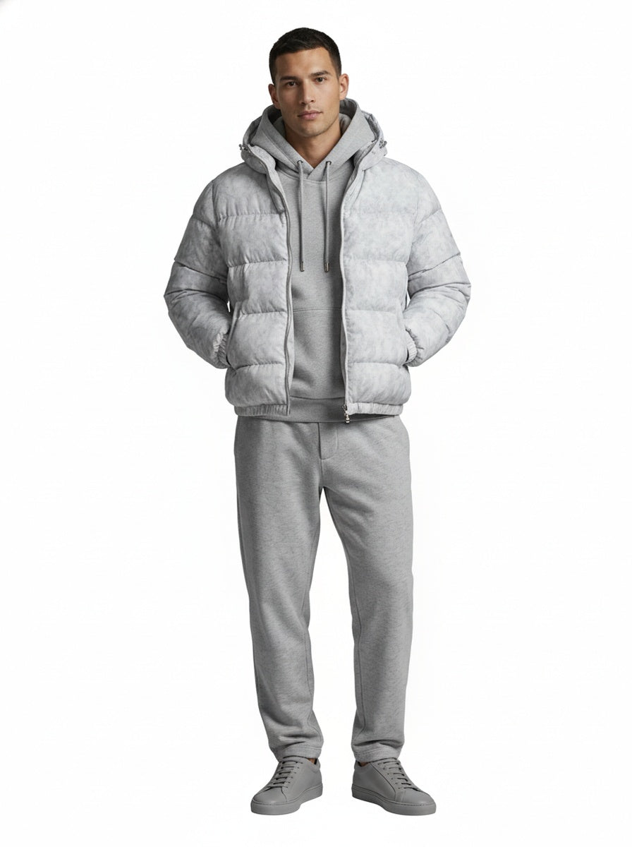 Men's hooded puffer jacket shown from the front