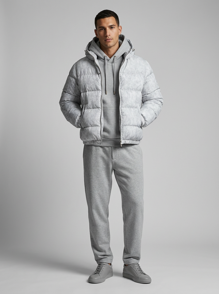 Men's puffer jacket with hood and full zip front