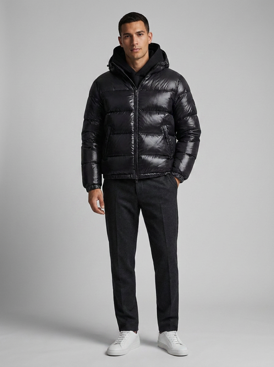 Quilted puffer texture on a men's hooded jacket
