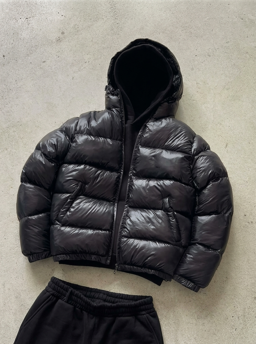 Side view of a men's hooded puffer jacket
