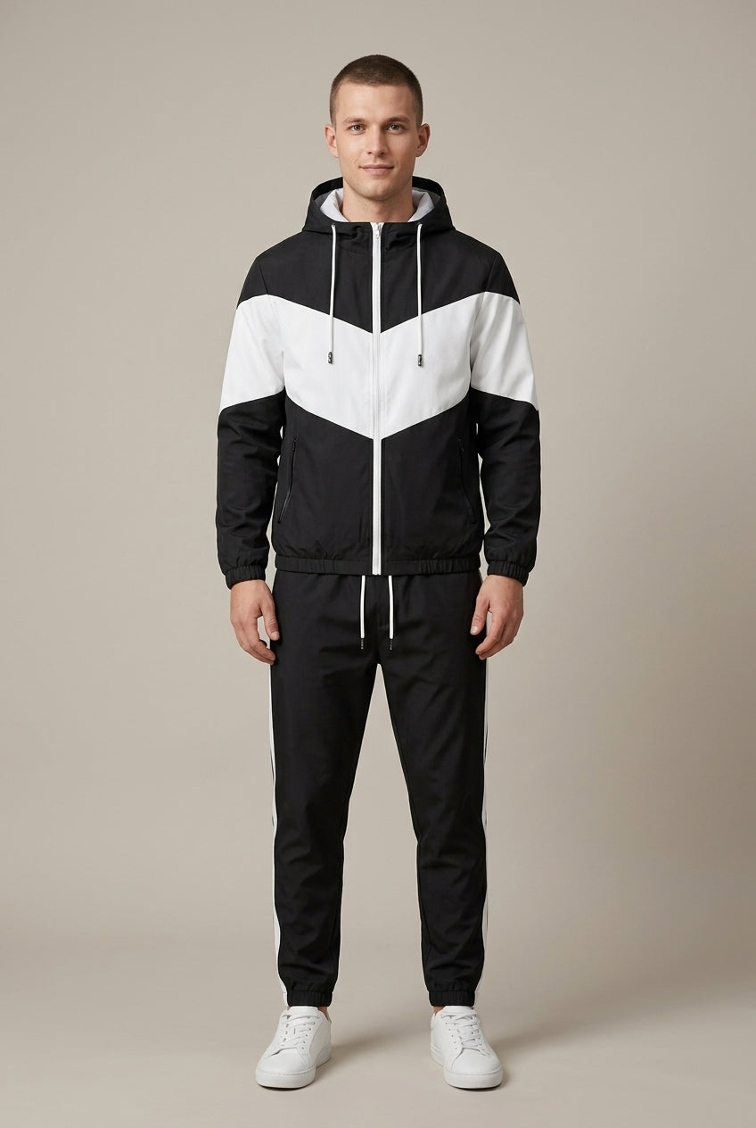 Men's hooded track jacket and jogger set with contrast panels shown together