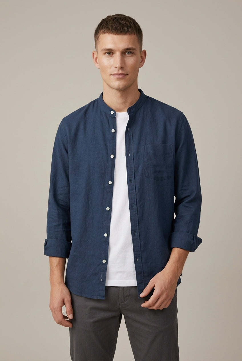 Men's linen blend band collar long sleeve shirt shown from the front