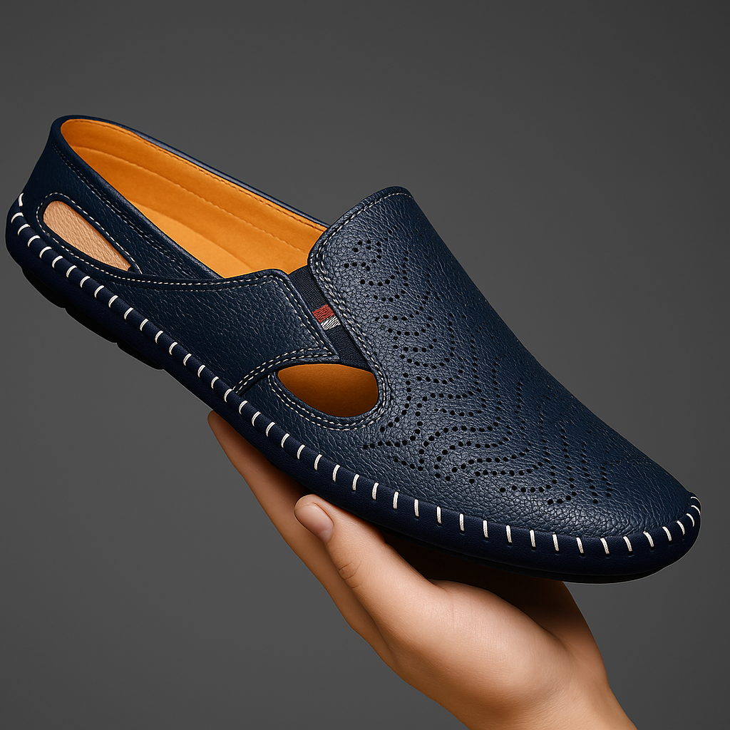 Perforated leather strap sandals shown from the side