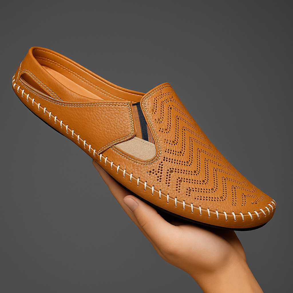 Detailed view of the sandal upper and perforated leather design