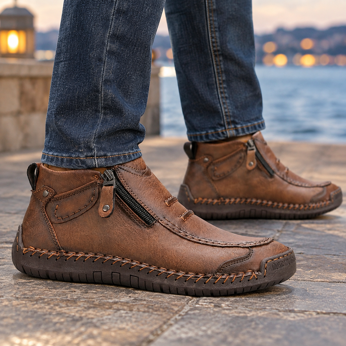 Textured leather-look ankle boots with side zips shown from the front