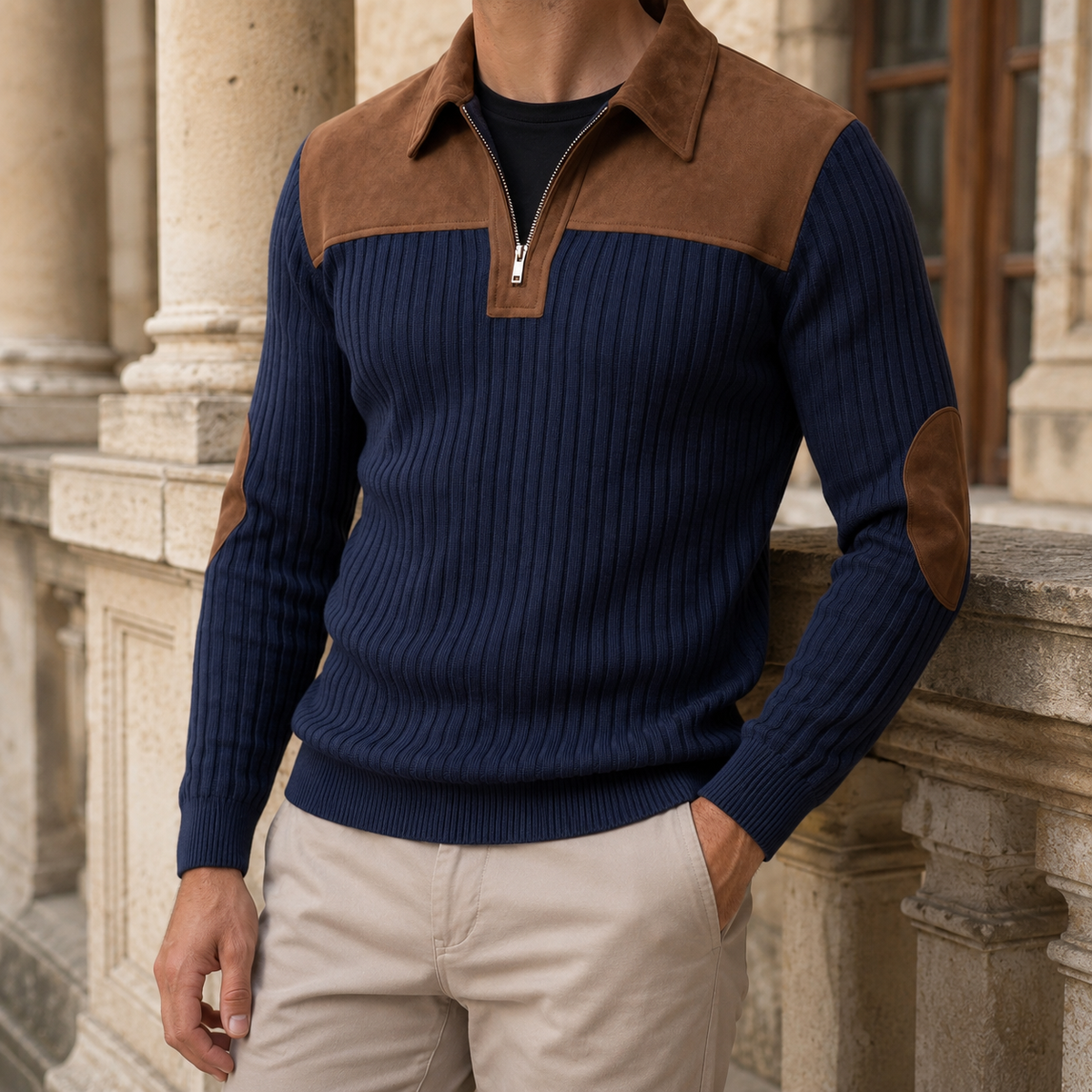 Quarter Zip Ribbed Knit Sweater
